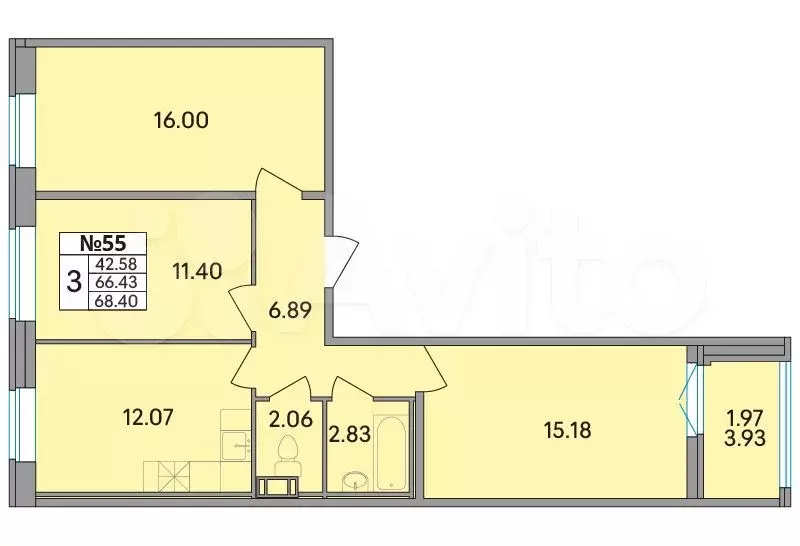 3-к. квартира, 68,4 м, 6/8 эт. - Фото 0