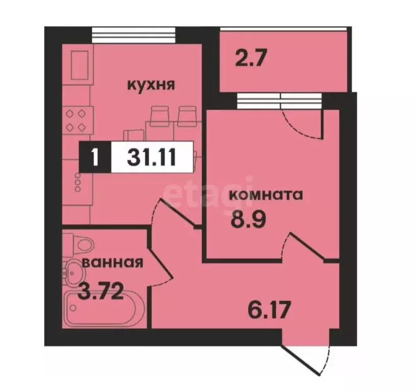 1-комнатная квартира: Муром, микрорайон Новая Слобода (31.11 м) - Фото 1