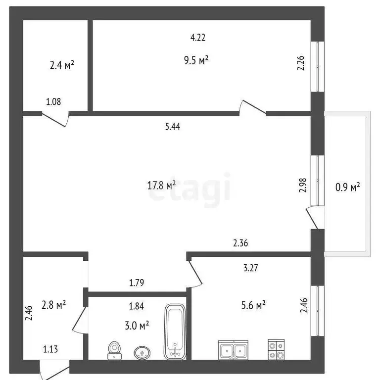 Квартира, 2 комнаты, 41.2 м - Фото 1