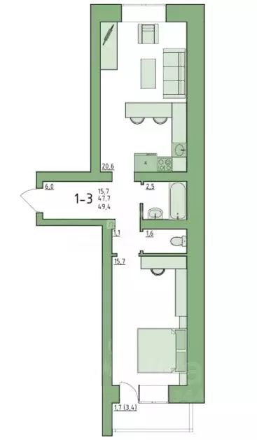 1-к кв. Вологодская область, Вологда Новгородская ул., 38 (49.4 м) - Фото 2