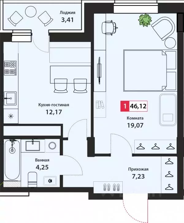 1-к кв. Тверская область, Тверь Оснабрюкская ул., 22к1 (46.12 м) - Фото 1