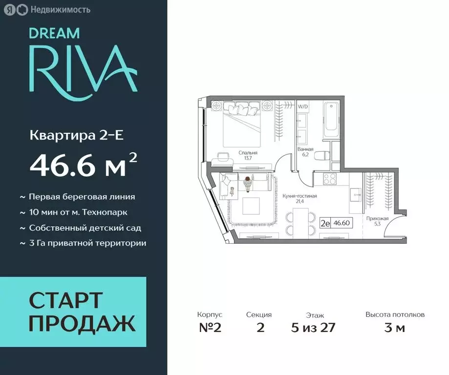 2-комнатная квартира: Москва, жилой комплекс Дрим Рива (46.6 м) - Фото 0