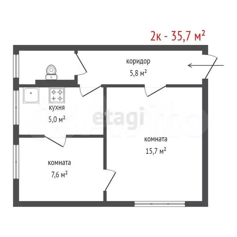 2-к. квартира, 35,7 м, 2/2 эт. - Фото 0