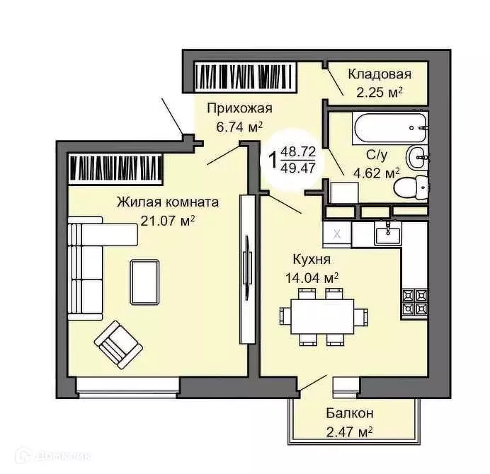Продаётся 1-к квартира, 49.4 м - Фото 0