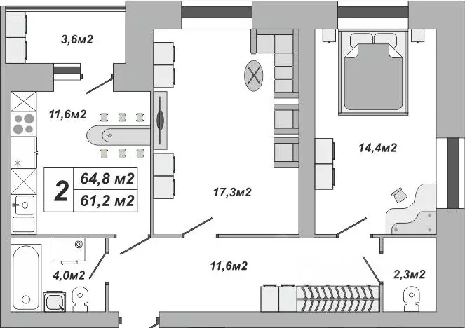 2-к кв. Тамбовская область, Тамбов ул. Чичерина, 7/3 (64.8 м) - Фото 1