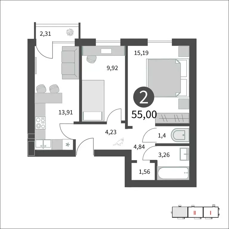 2-комнатная квартира: Гагарин, улица Строителей, 127 (55 м) - Фото 0