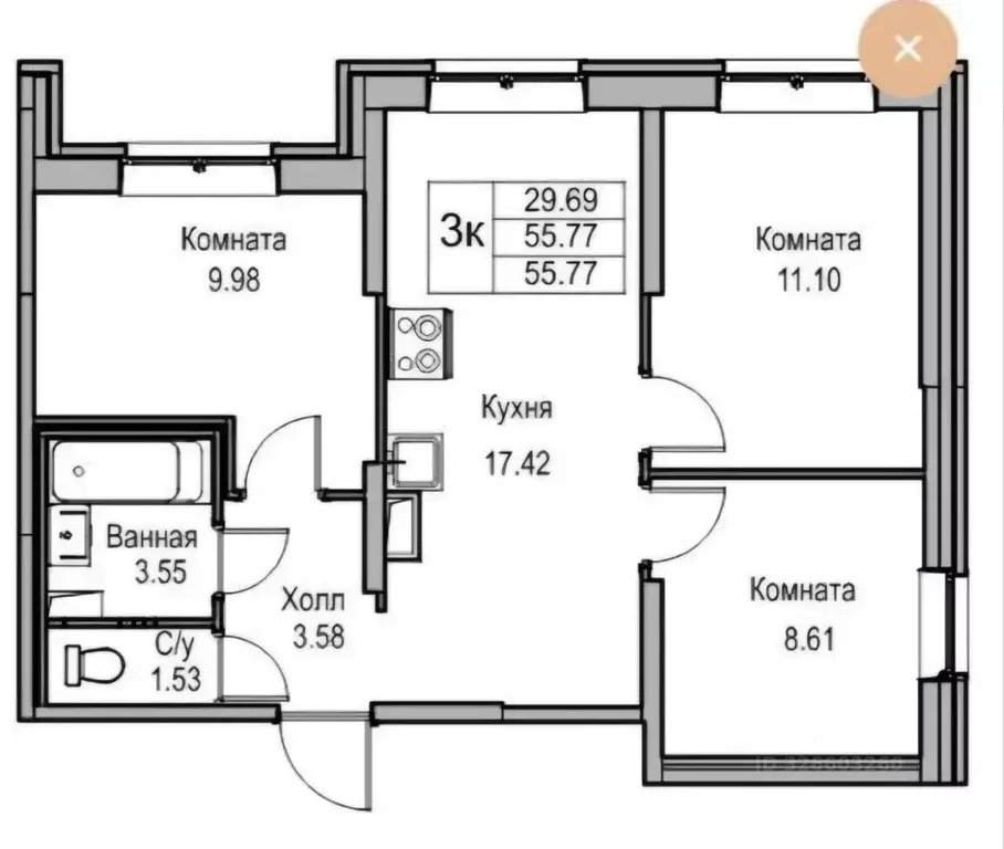 3-к кв. Санкт-Петербург ул. Ивинская, 19к1 (63.0 м) - Фото 2