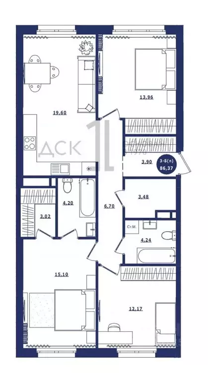 3-к кв. Ханты-Мансийский АО, Сургут Высоковольтная ул., 6/2 (86.37 м) - Фото 1
