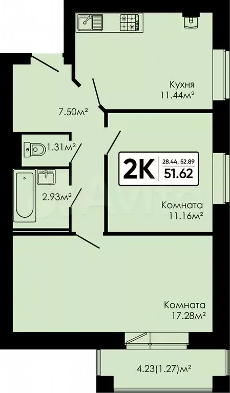 2-к. квартира, 51,6 м, 2/4 эт. - Фото 0