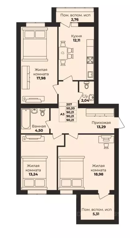 3-к кв. Калининградская область, Калининград ул. Левитана, 8 (90.2 м) - Фото 1