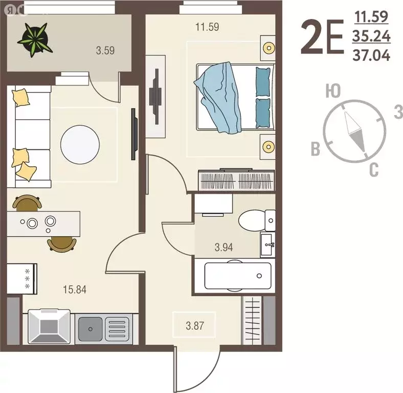 1-комнатная квартира: Курск, улица Энгельса, 115/5 (37.04 м) - Фото 1