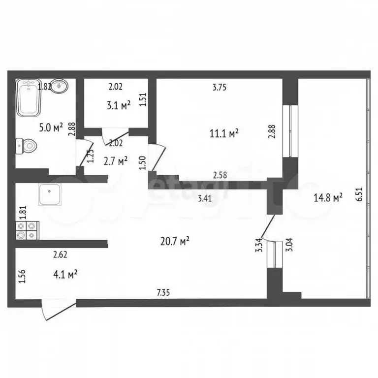 1-к. квартира, 46,7 м, 1/4 эт. - Фото 0