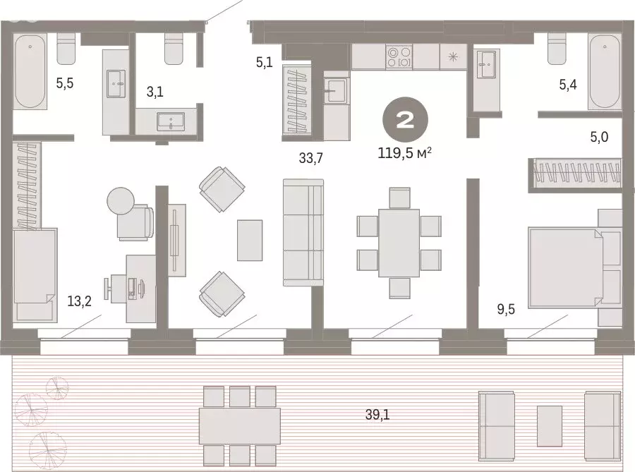 2-комнатная квартира: Новосибирск, Зыряновская улица, 53с (119.54 м) - Фото 1