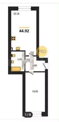 1-к. квартира, 44,9 м, 1/5 эт. - Фото 1