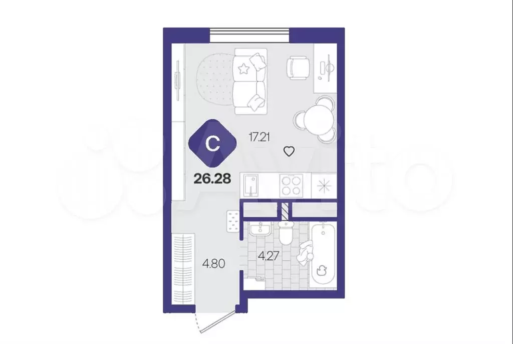 Квартира-студия, 26,7 м, 2/17 эт. - Фото 1