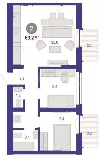 2-к. квартира, 63,2 м, 2/9 эт. - Фото 1