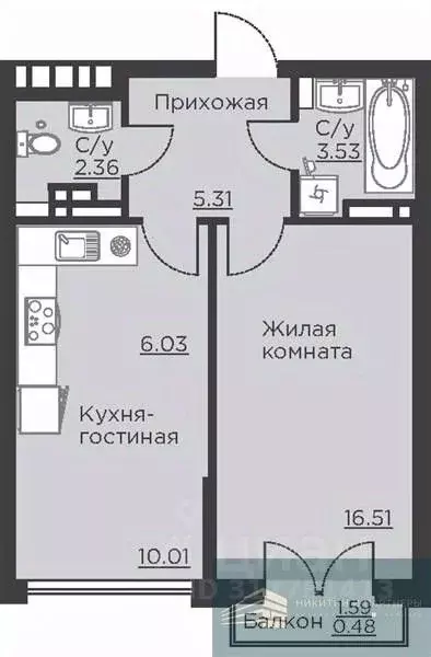1-к кв. Воронежская область, Воронеж ул. Ломоносова, 116Б (44.2 м) - Фото 0