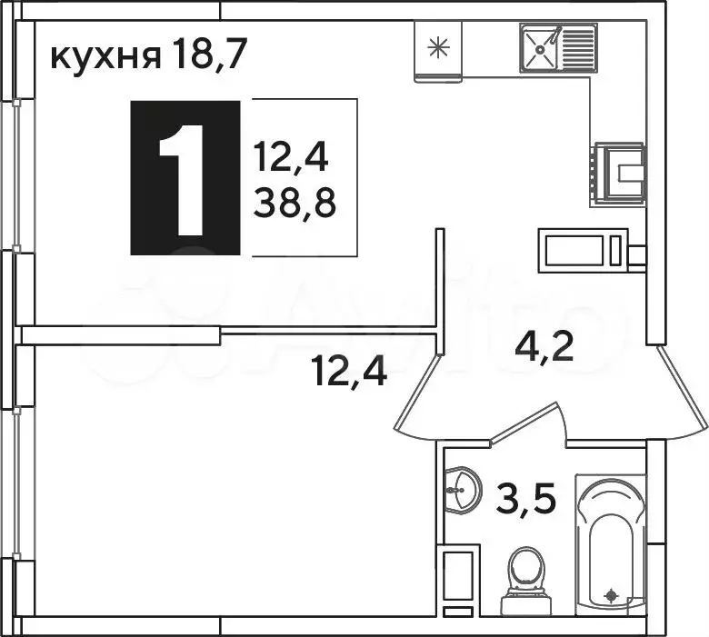 1-к. квартира, 38,8м, 10/16эт. - Фото 1