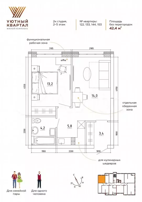 2-к. квартира, 42,4 м, 2/8 эт. - Фото 0