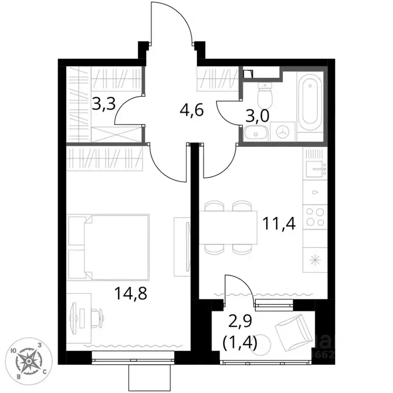 1-к кв. Московская область, Ленинский городской округ, д. Сапроново ... - Фото 2