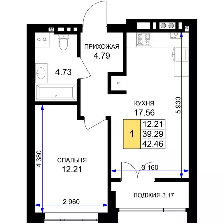 1-комнатная квартира: Гурьевск, жилой комплекс Включи (42.46 м) - Фото 1