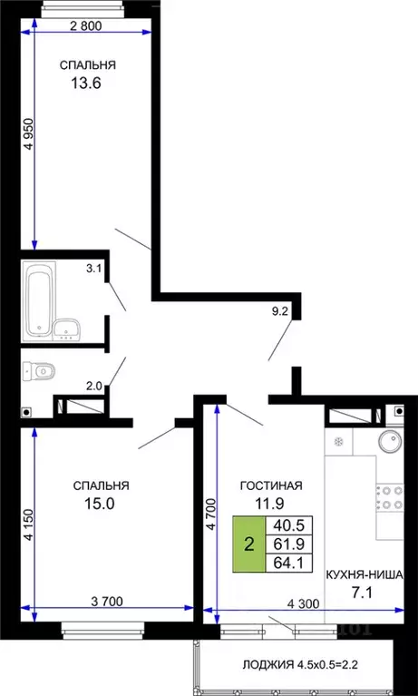 2-к кв. Краснодарский край, Краснодар ул. Домбайская, 57к9 (64.1 м) - Фото 0