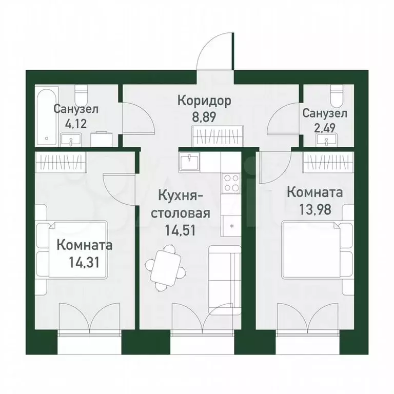 2-к. квартира, 58,6м, 4/4эт. - Фото 0