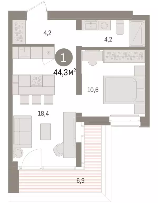 1-комнатная квартира: Тюмень, жилой комплекс На Минской (44.31 м) - Фото 1