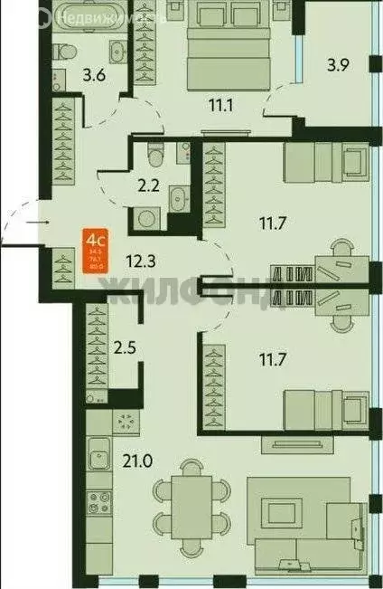4-комнатная квартира: Новосибирск, Тайгинская улица, 37 (76.1 м) - Фото 0