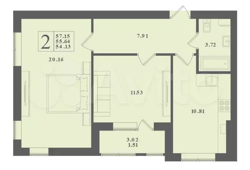 2-к. квартира, 57,2 м, 2/4 эт. - Фото 1