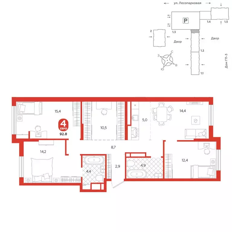 3-комнатная квартира: Тюмень, Лесопарковая улица, 22 (92.8 м) - Фото 0