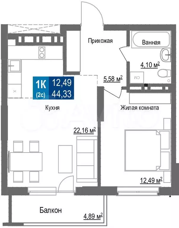 1-к. квартира, 44,3 м, 21/25 эт. - Фото 1