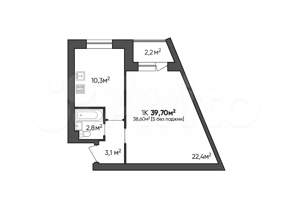 1-к. квартира, 39,1 м, 1/3 эт. - Фото 0