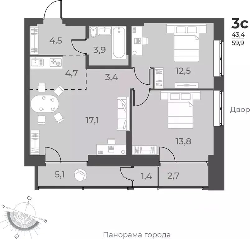 3-к кв. Новосибирская область, Новосибирск ул. Аэропорт, 49 (59.9 м) - Фото 0