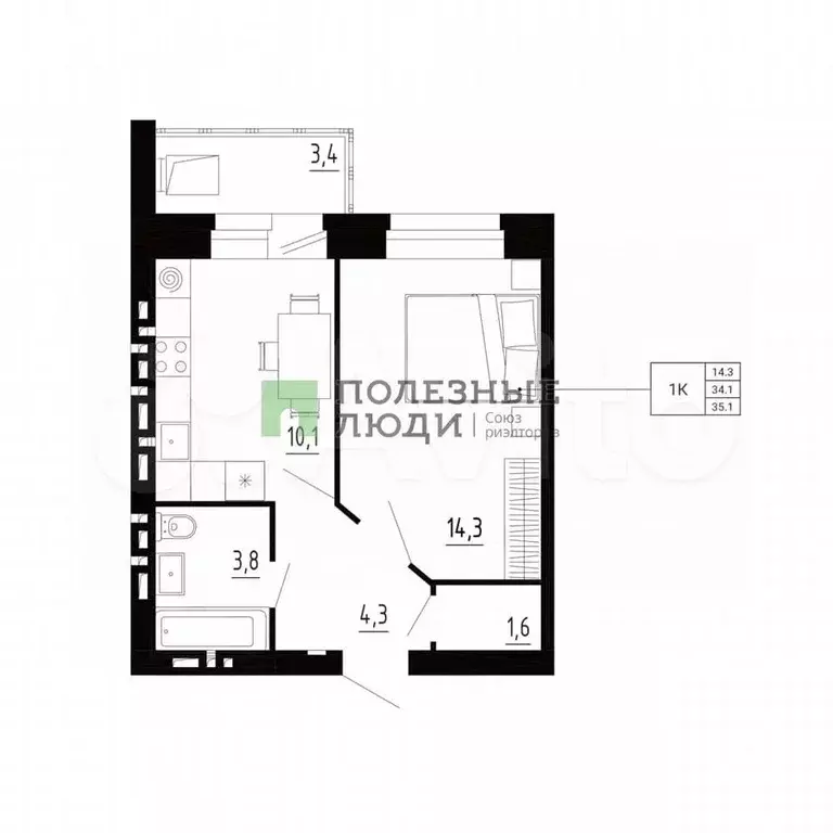 1-к. квартира, 34,1 м, 5/8 эт. - Фото 0