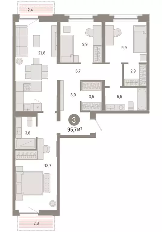 3-комнатная квартира: Тюмень, Мысовская улица, 26к2 (95.68 м) - Фото 1