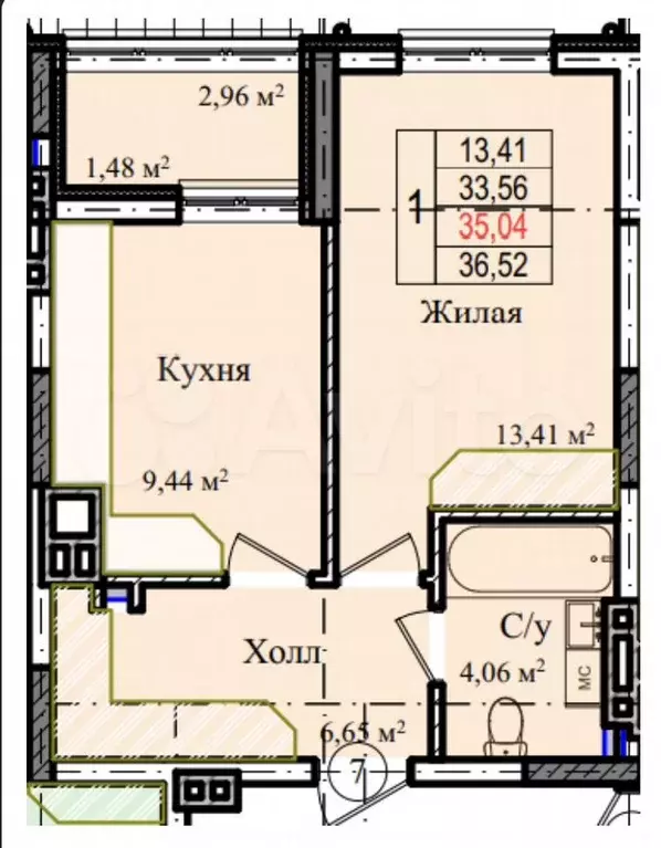 1-к. квартира, 35 м, 1/9 эт. - Фото 1