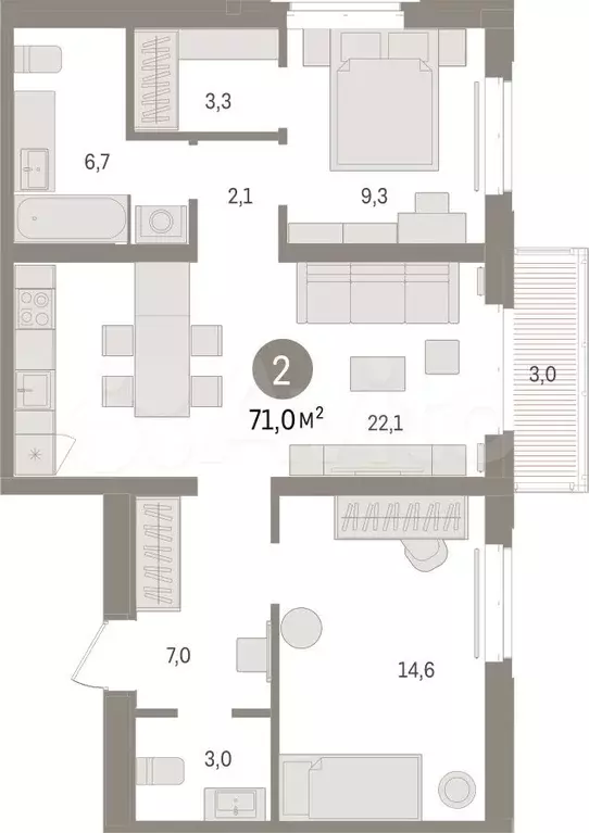 2-к. квартира, 71 м, 6/16 эт. - Фото 1