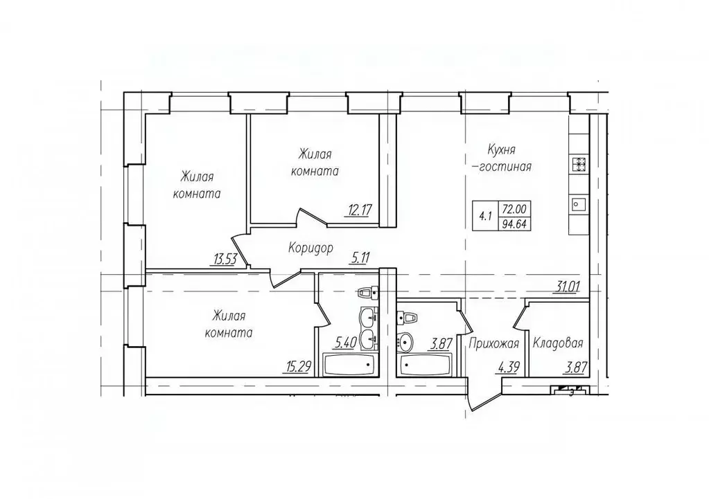 4-к кв. Чувашия, Чебоксары ул. Фридриха Энгельса, поз7 (94.64 м) - Фото 1
