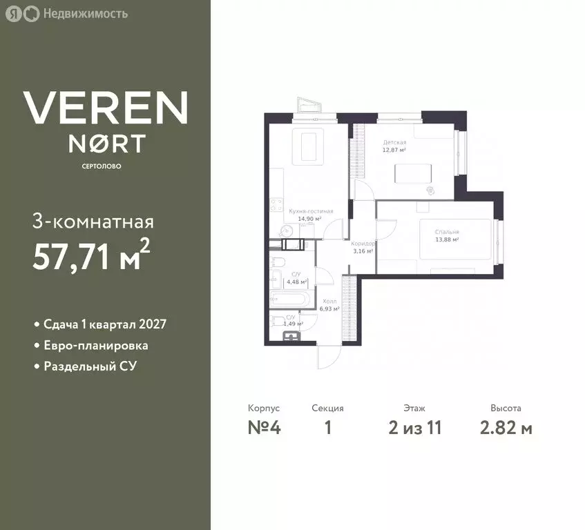 2-комнатная квартира: Сертолово, ЖК Верен Норт Сертолово (57.71 м) - Фото 1