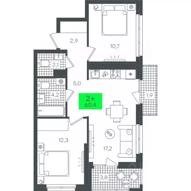 2-к кв. Тюменская область, Тюмень ул. Василия Малкова, 19 (60.41 м) - Фото 0