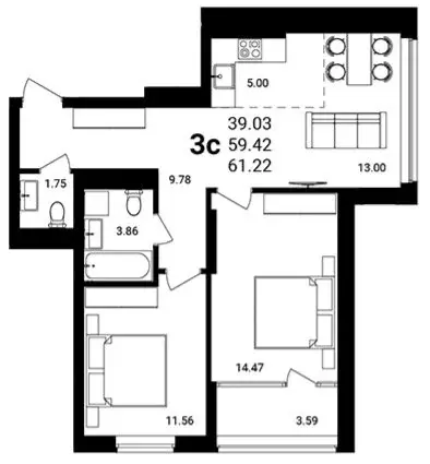 2-комнатная квартира: Уфа, улица Сагита Агиша, 19 (61.22 м) - Фото 1