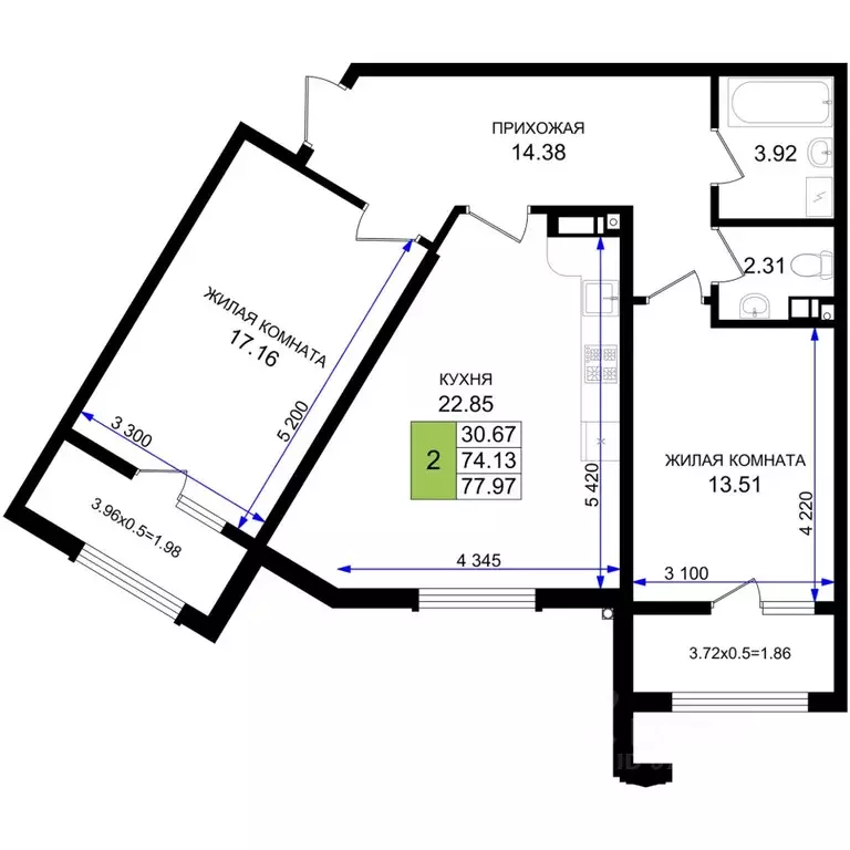 2-к кв. Краснодарский край, Новороссийск 5-я Бригада мкр,  (77.97 м) - Фото 1