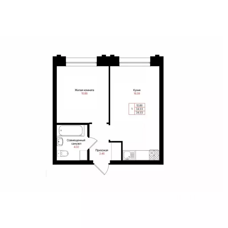 1-к кв. Татарстан, Казань Лето жилой комплекс (34.93 м) - Фото 2