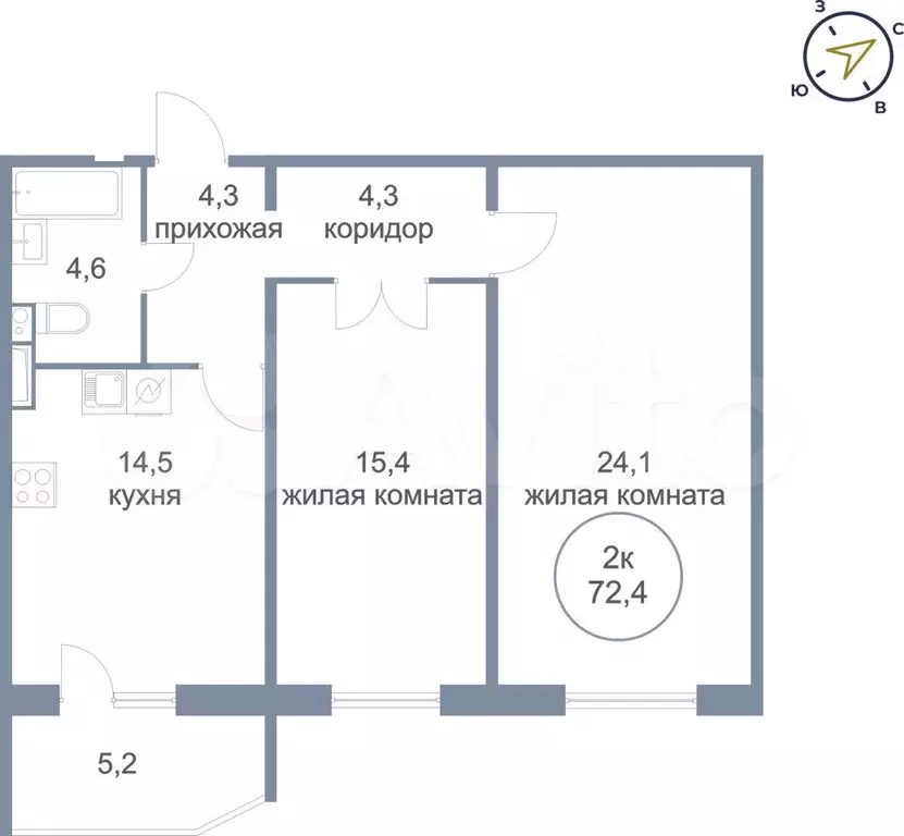 2-к. квартира, 72,4 м, 15/21 эт. - Фото 0