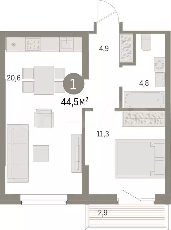1-к. квартира, 44,5 м, 4/15 эт. - Фото 0