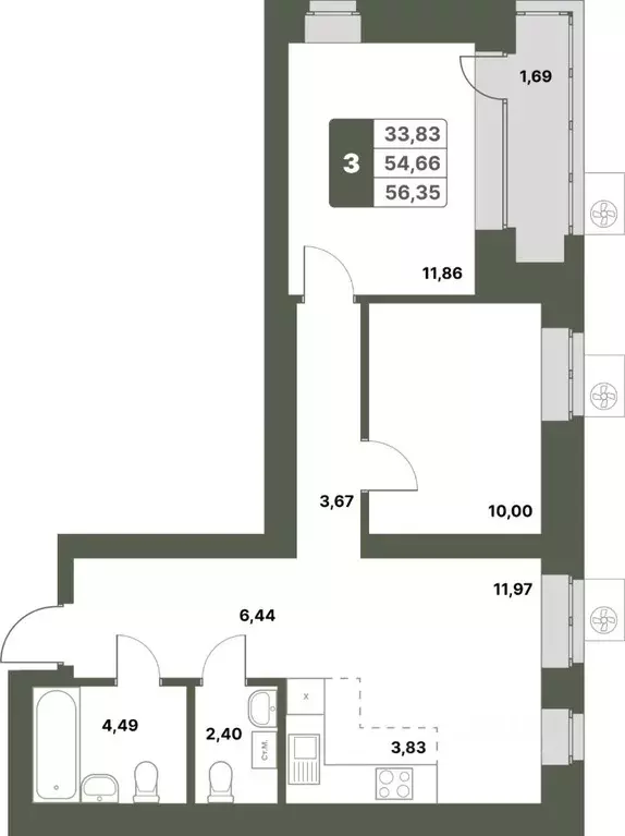 3-к кв. Башкортостан, Уфимский район, с. Миловка  (56.35 м) - Фото 1