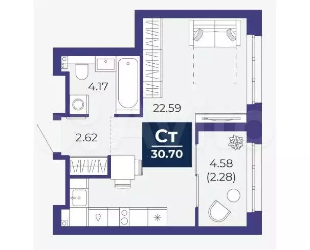 Квартира-студия, 30,7 м, 3/21 эт. - Фото 1