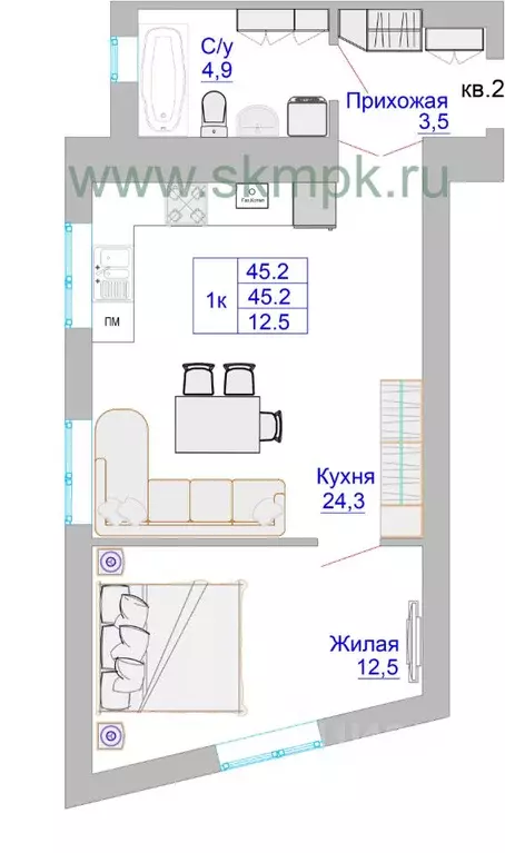 1-к кв. Калининградская область, Калининград Печатная ул. (45.2 м) - Фото 0