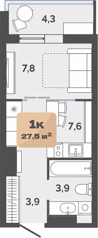 1-к кв. Тюменская область, Тюмень ул. Республики, 204к20 (25.35 м) - Фото 0